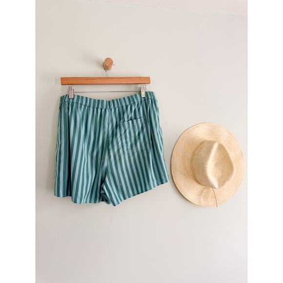 Madewell | Curved Hem Pull-On Shorts in Poplin in Bayside Stripe Cool Aqua Sz L - Picture 5 of 10